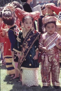 Children in Minangkabau(West Sumatra) costumes, Indonesia National Day.  San Francisco, 1990s