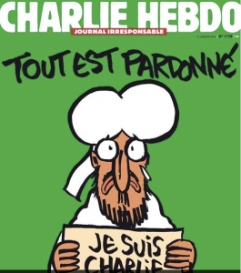 Charlie Hebdo's firsst Cover after the attack. Cowardly Printand and broadcst media largely refused to show it. Oh yeah, try turning it upside down. Heh.
